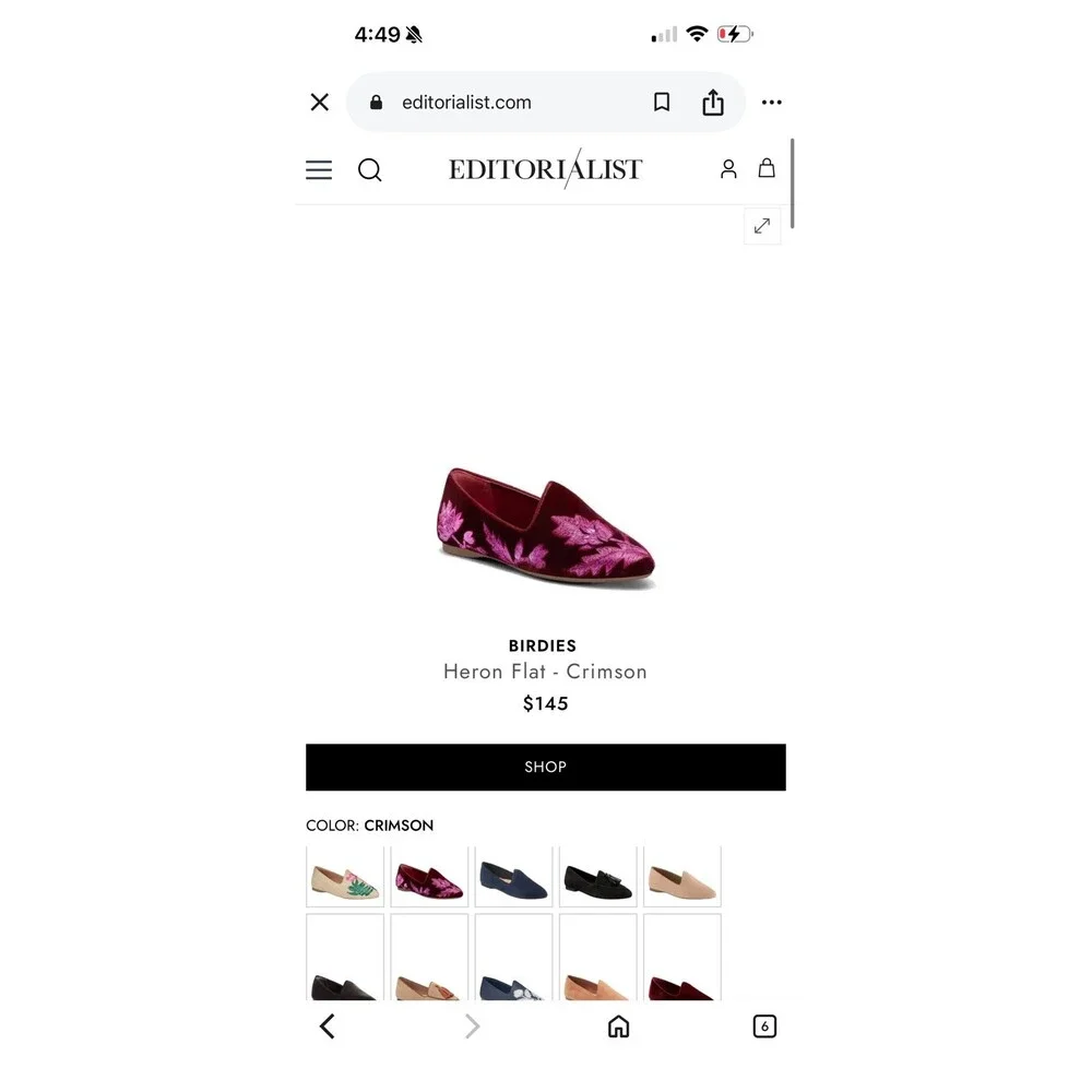 Birdies Heron Embroidered Flat in Crimson Velvet, featuring metallic floral - Picture 2 of 9